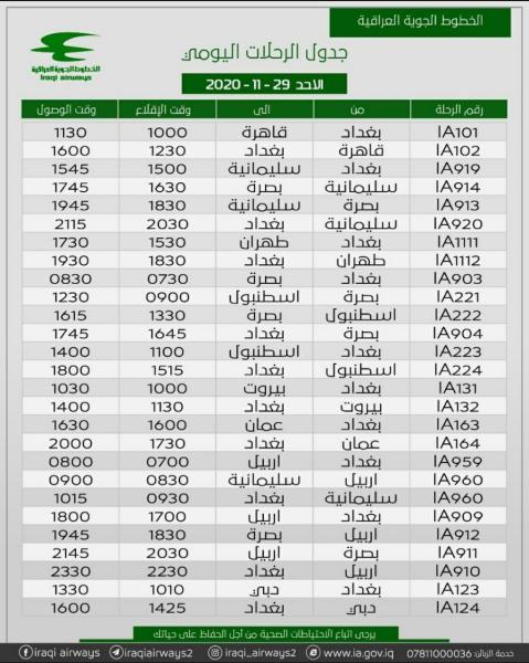 جدول رحلات شركة الخطوط الجوية العراقية   ليوم الأحد الموافق 29-11-2020