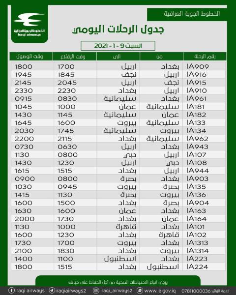 جدول رحلات شركة الخطوط الجوية العراقية   ليوم السبت الموافق 9- 1-2021